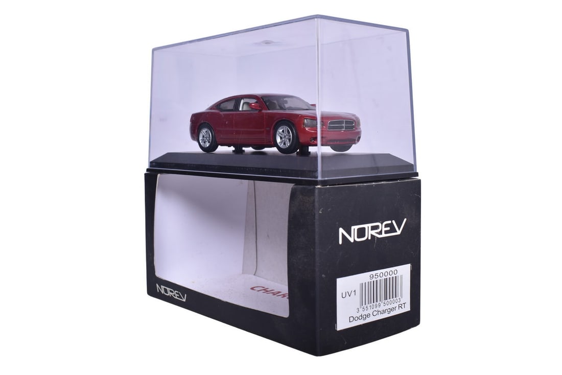 Norev die cast 1:43 scale UV1 2006 Dodge Charger R/T in dark red. Original box and plastic display (1 of 3)
