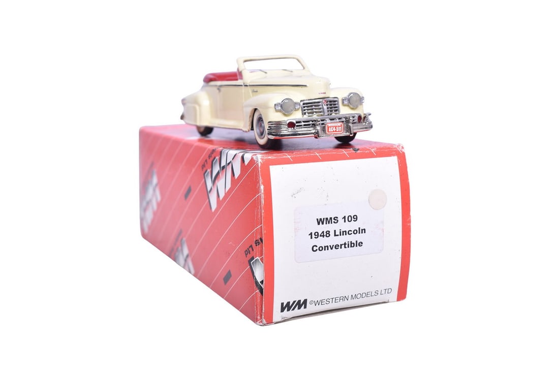 Western Models white metal 1:43 scale WMS 109 1948 Lincoln Convertible in cream and red. Original: Western Models white metal 1:43 scale WMS 109 1948 Lincoln Convertible in cream and red. Original box, detached shades and detached door handle which is included. Windshield frame is bent backwards wi