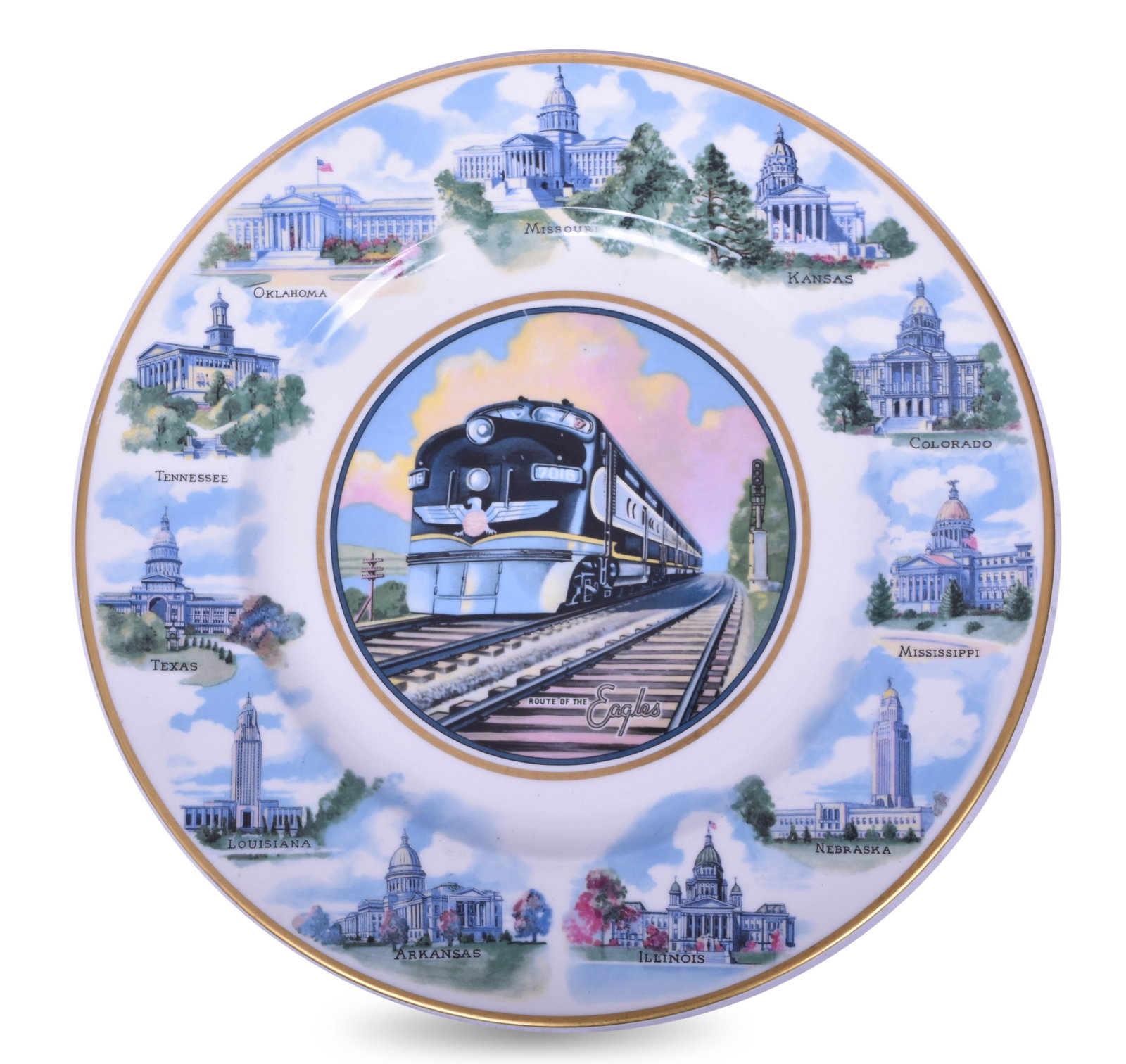 Missouri Pacific Lines State Capitols-Service also known as the Diesel Service Plate measures 10: Missouri Pacific Lines State Capitols-Service also known as the Diesel Service Plate measures 10 1/2" round with bright vivid colors two scratches (1 1/2" & 1/2" respectively) on upper portion of 