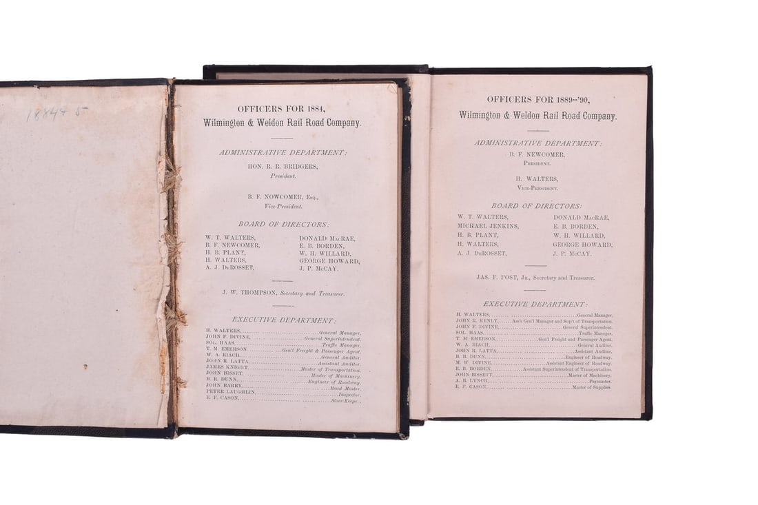Two hardbound books containing Wilmington and Weldon Railroad's 1884 and 1889 annual reports. The (1 of 5)
