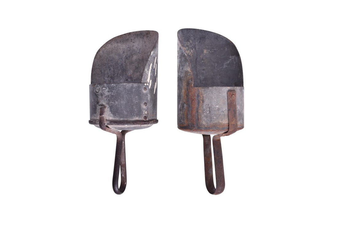 A pair of metal sanding scoops each marked U.P. and both measuring roughly 5" in diameter and 12 (1 of 5)