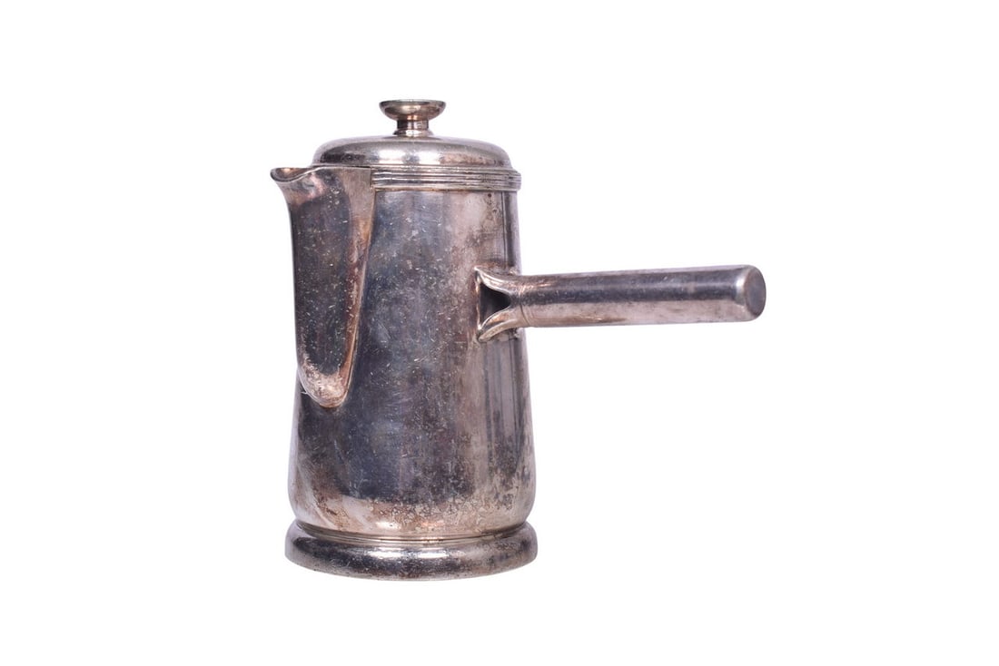 A 7 1/2" tall 32 ounce French style coffee pot, bottom stamped International Silver Co. Silver (1 of 4)
