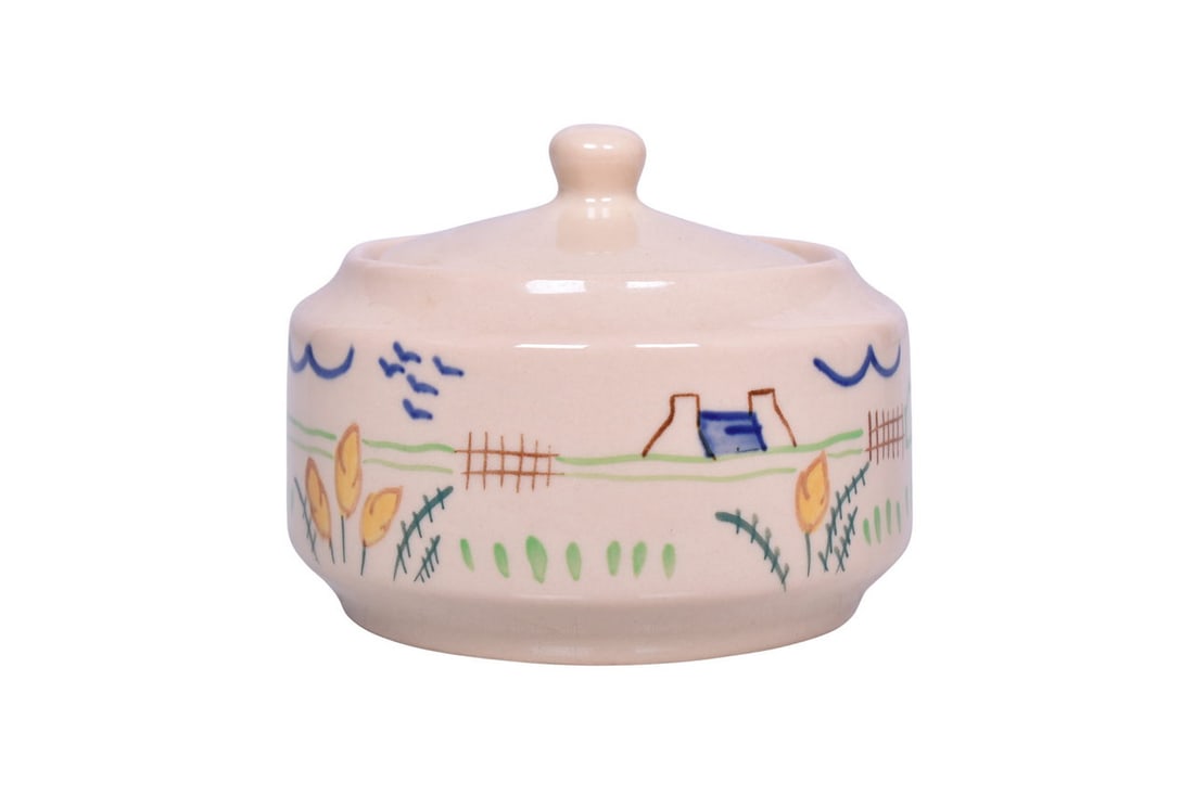 A 4 1/4" diameter sugar bowl with lid, bottom marked Incaware Shenango China New Castle, PA, U.P.R.R: A 4 1/4" diameter sugar bowl with lid, bottom marked Incaware Shenango China New Castle, PA, U.P.R.R Hand Painted, showing minimal wear with two small glaze imperfections on the rim and lid. No chips,