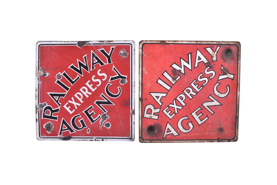 Pair of Railway Express Agency Baggage Cart End signs. The signs measure 11" x 11" diamond or 8" x (1 of 4)