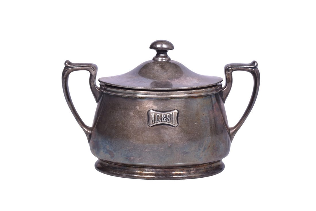Reed and Barton Silver Soldered Nashville Chattanooga & St. Louis Railway double handled sugar: Reed and Barton Silver Soldered Nashville Chattanooga & St. Louis Railway double handled sugar bowl with the railroad herald cast into the side. Bottom stamped N.C & ST L. Reed and Barton Silv