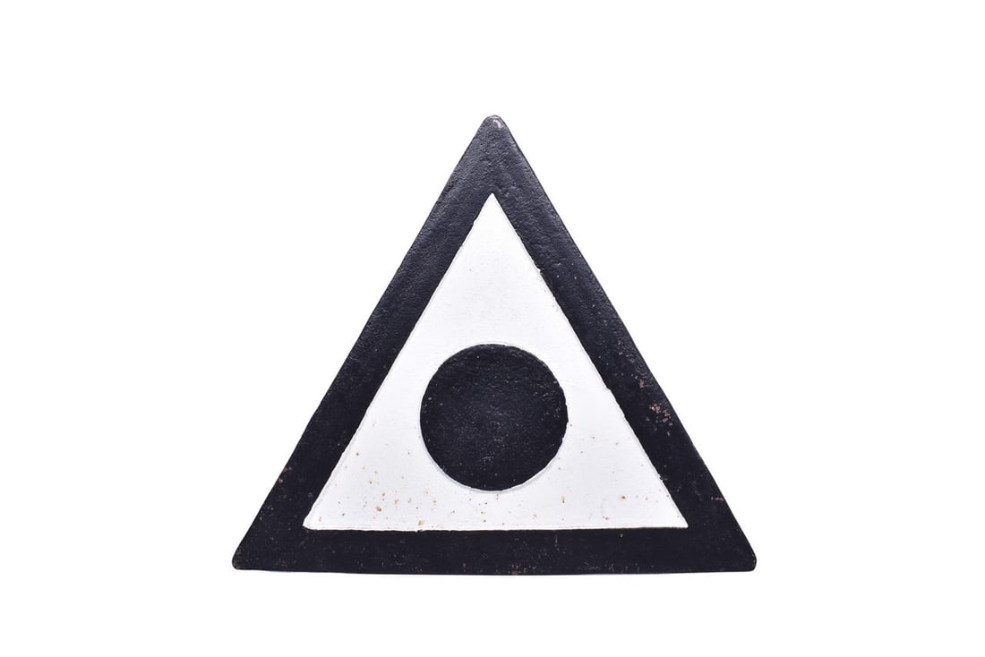 Cast iron triangle flanger sign from the Pennsylvania. Measures 17 1/2" across and has a 2" round: Cast iron triangle flanger sign from the Pennsylvania. Measures 17 1/2" across and has a 2" round pole pocket. Casting number is M 53763. Sign has the correct square headed bolt, however I suspect thi