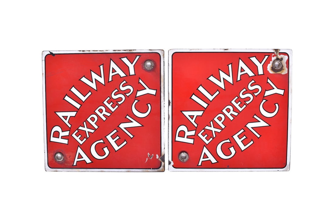 Each sign measures 8" by 8" square in single sided porcelain. Both signs have some mild porcelain (1 of 4)
