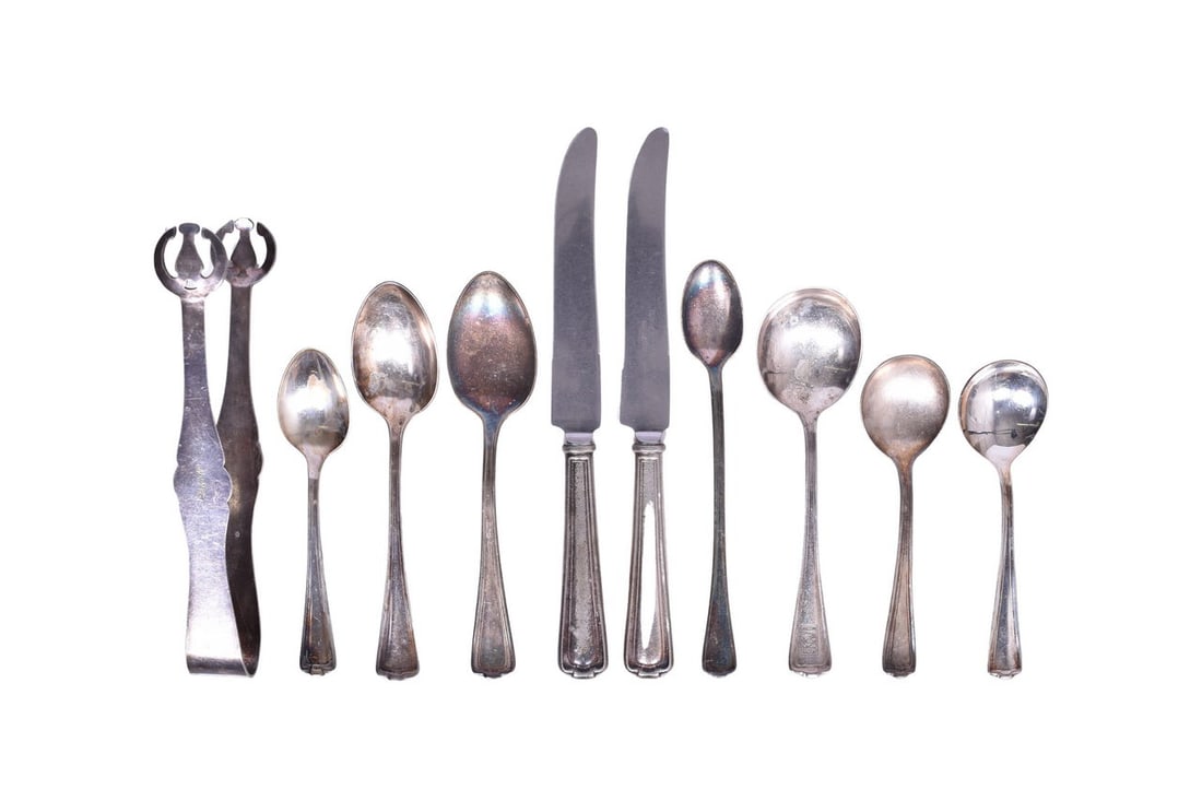 Ten pieces of dining car silver for the Louisville and Nashville Railroad, all stamped L&N, and: Ten pieces of dining car silver for the Louisville and Nashville Railroad, all stamped L&N, and all in the Cromwell pattern besides the tongs. Includes one pair of 8" ice tongs marked Victor's Co.