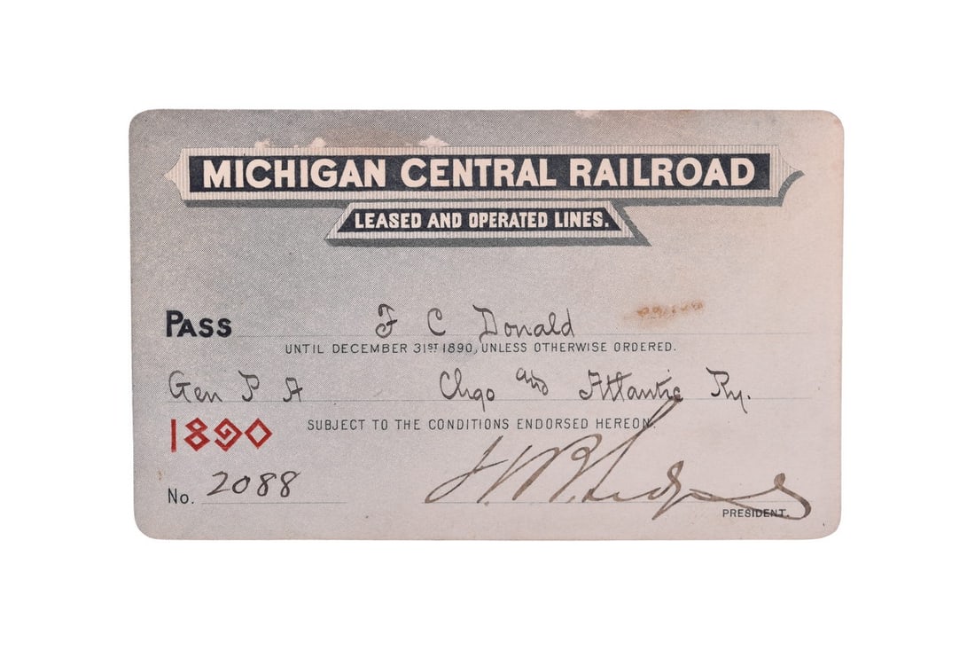 One 1890 annual pass number 2088 for the Michigan Central Railroad, issued to F.C. Donald, General (1 of 2)