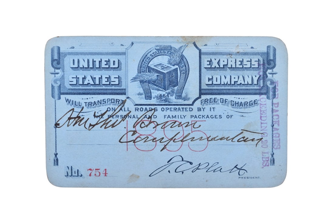 An 1895 United States Express Company complementary personal package transportation pass, numbered (1 of 2)