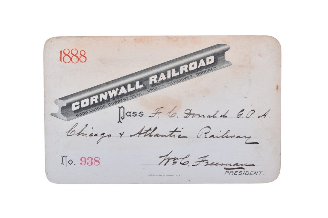 An 1888 annual pass for the Cornwall Railroad, numbered 938, issued to F.C. Donald, G.P.A for the (1 of 2)