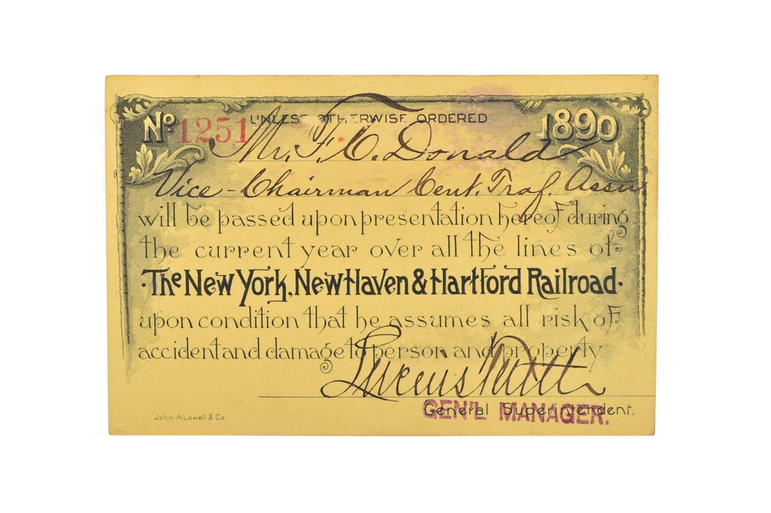 An 1890 annual pass for the New York, New Haven, & Hartford Railroad, numbered 1251, issued to (1 of 2)