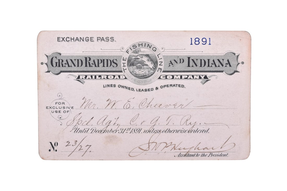 An 1891 annual pass for the Grand Rapids & Indiana Railway, also called "The Fishing Line". Pass (1 of 2)