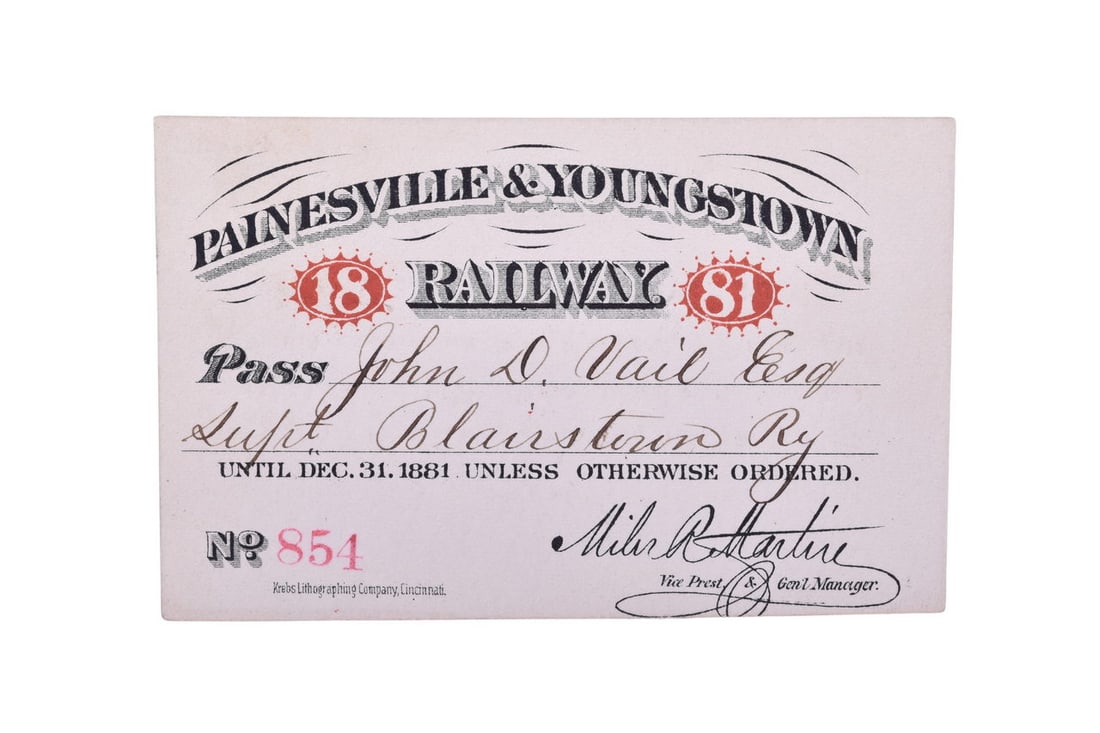 An 1881 annual pass for the Painesville & Youngstown Railway, numbered 854, issued to John D. (1 of 2)