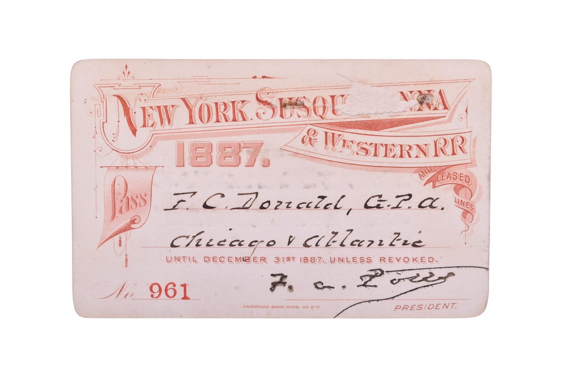 An 1887 annual pass for the New York, Susquehanna & Western Railway, numbered 961, issued to (1 of 2)