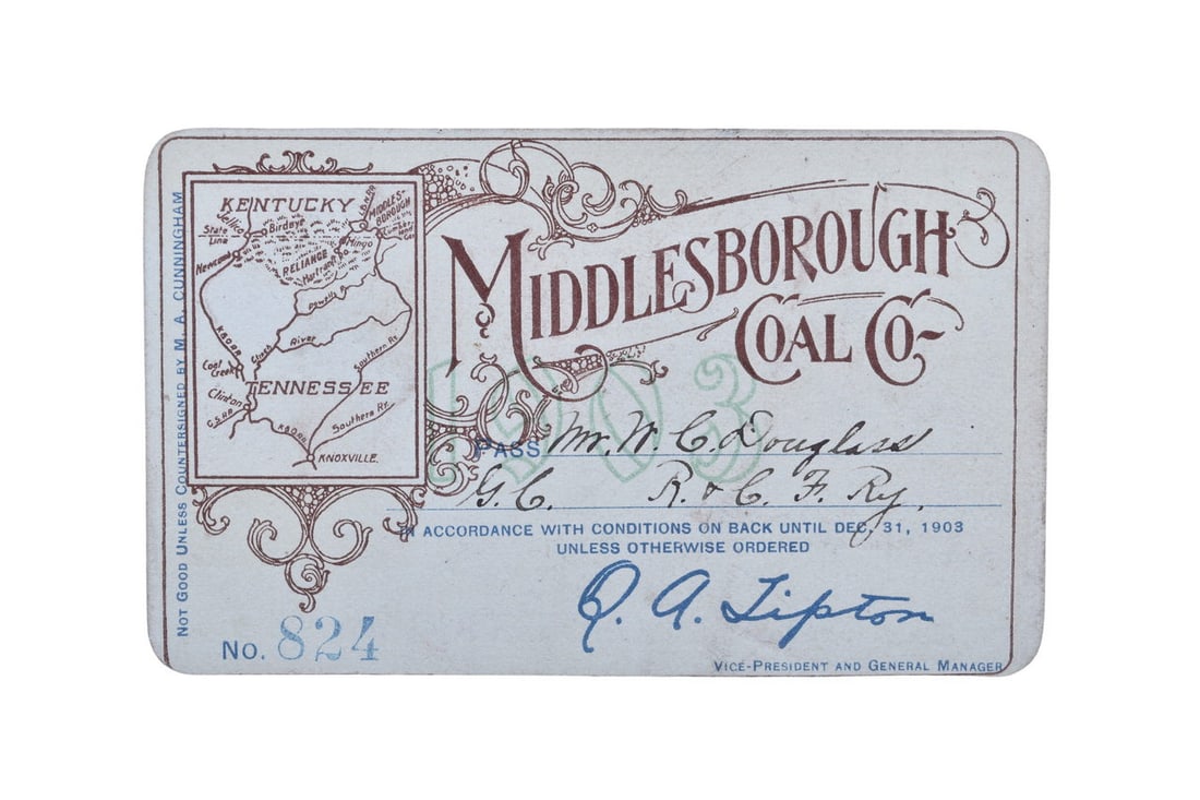 A Middlesborough Coal Company 1903 annual pass, numbered 824, issued to Douglass, signed by Tipton, (1 of 2)