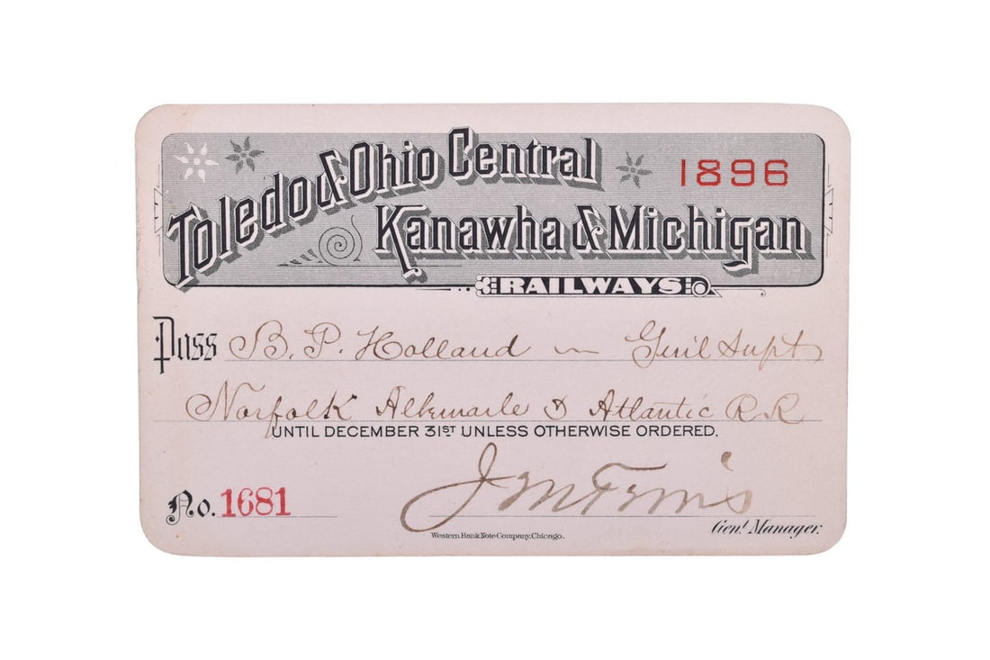 One pass for the Toledo & Ohio Central and Kanawha & Michigan Railways dated 1896, numbered (1 of 2)