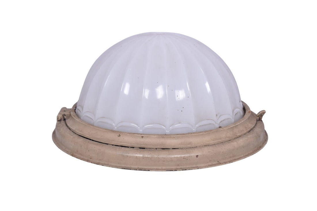 Pullman brass overhead ceiling light fixture. The fixture has its original milk glass diffuser, (1 of 4)