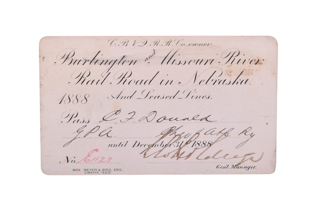 An 1888 annual pass for the Burlington & Missouri River Railroad in Nebraska and leased lines, (1 of 2)