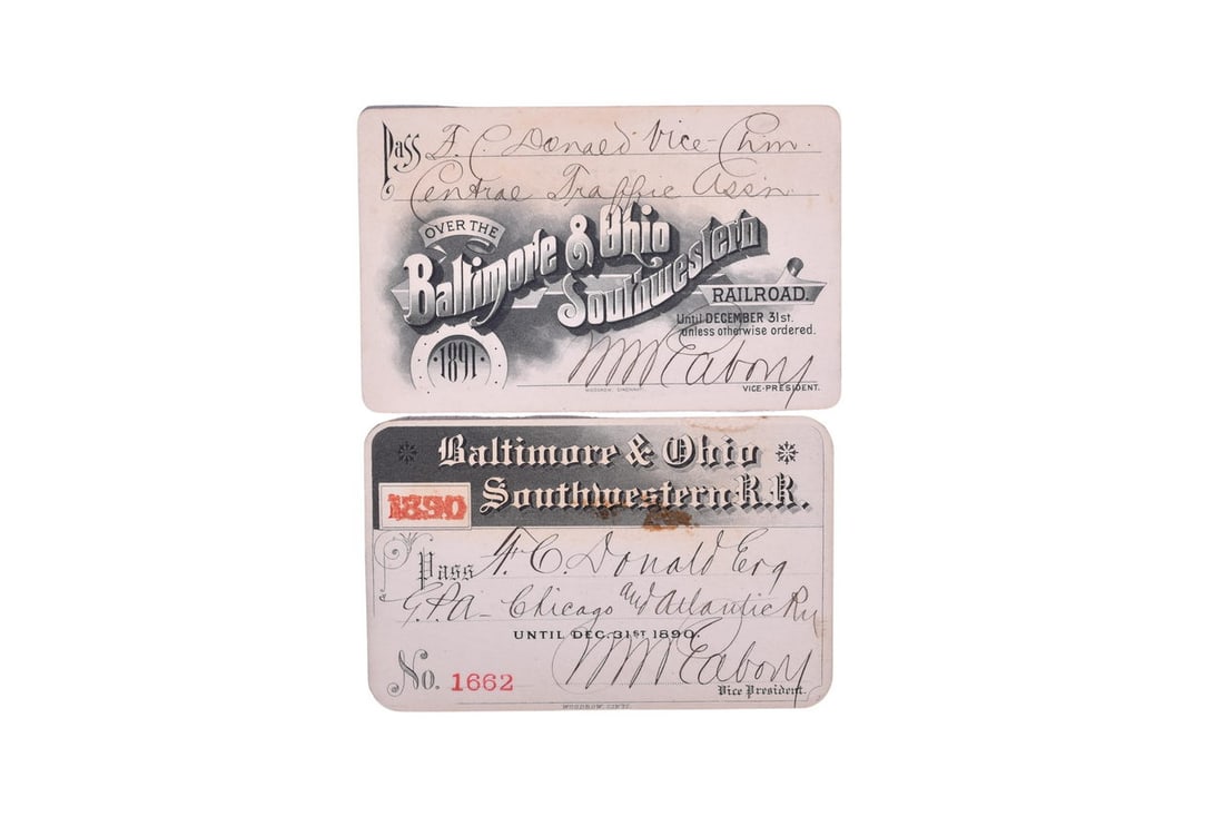 Two annual passes for the Baltimore and Ohio Southwestern Railroad. Includes an 1890 pass numbered (1 of 2)