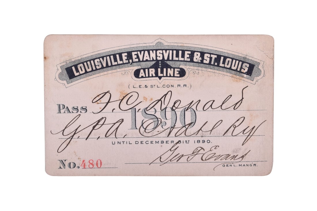 An 1890 annual pass for the Louisville, Evansville & St. Louis "Air Line" Consolidated Railroad (1 of 2)
