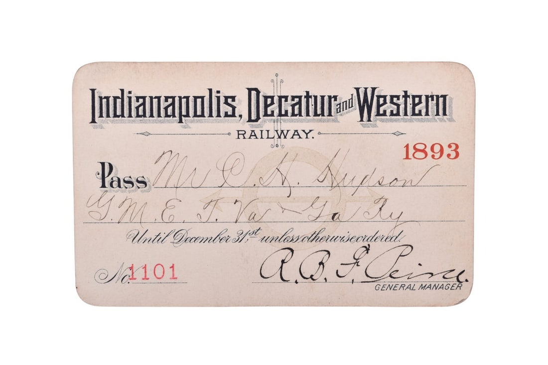 An 1893 annual pass for the Indianapolis, Decatur & Western Railway, numbered 1101, issued to