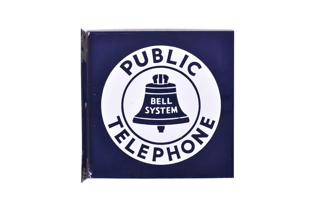 Double sided porcelain flange sign from the Bell System Public Telephone. Sign measures 11" square (1 of 4)