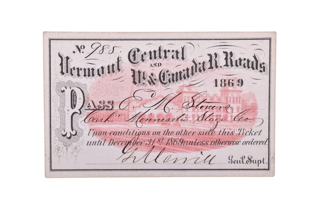 An 1869 annual pass for the Vermont Central and Vermont & Canada Railroads. Pass is numbered
