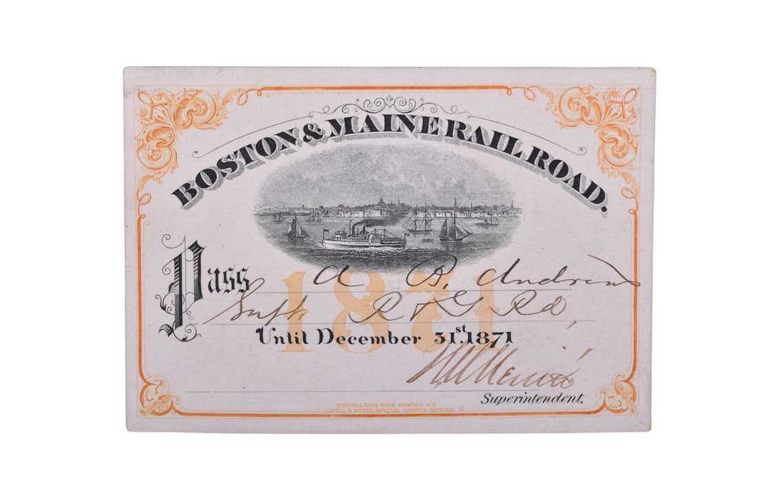 This is an 1871 annual pass for the Boston & Maine Railroad, issued to R. Anderson, signed by (1 of 2)