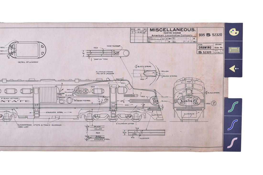 1940s painting diagram for a DL-109 for Santa Fe on vellum. Measures 10 3/4" by 47 1/4". Really (1 of 3)