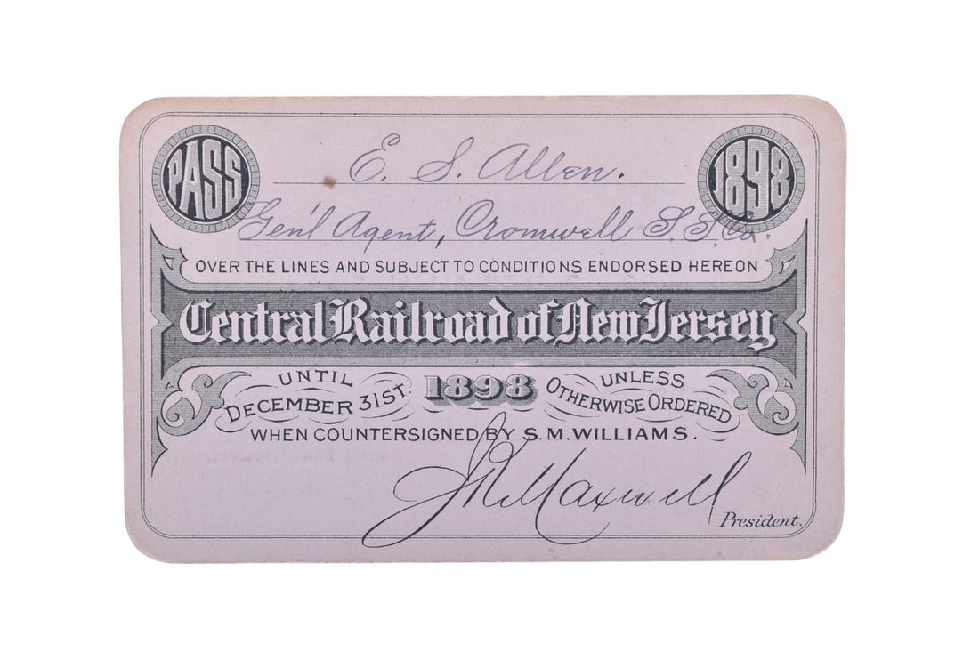 An 1898 annual pass for the Central Railroad of New Jersey. Pass is numbered 3051, issued to E.S. (1 of 2)