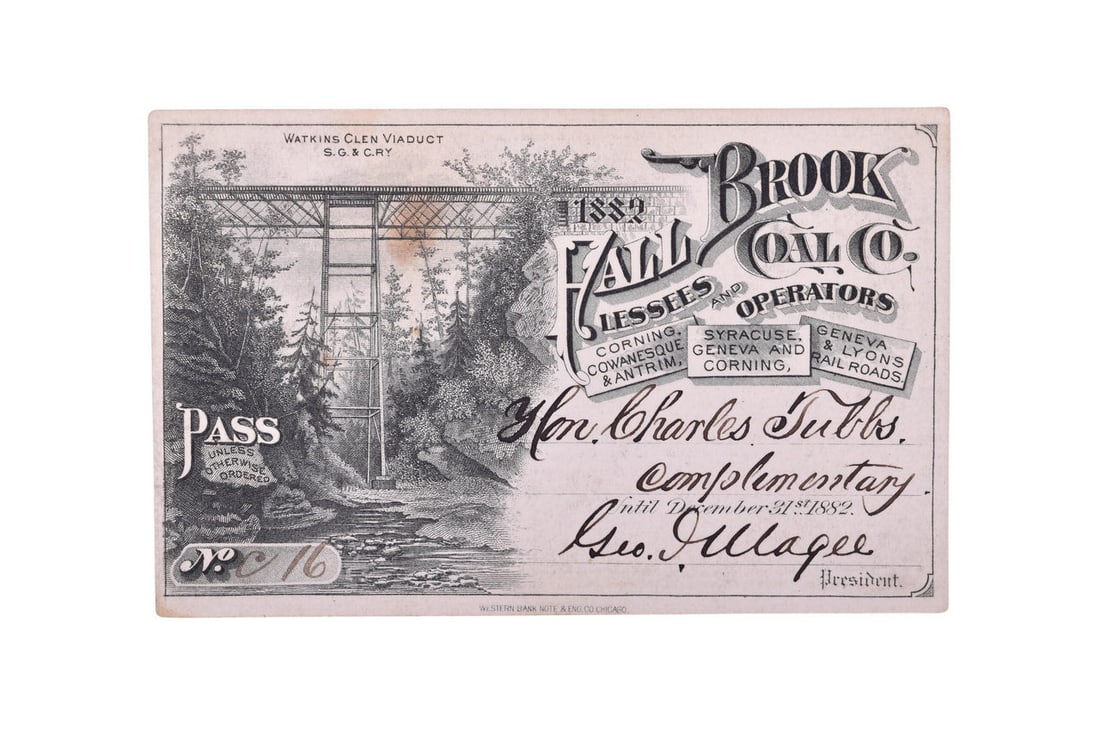 This is an 1882 complementary annual pass from the Fall Brook Coal Company, numbered C16, issued to (1 of 2)