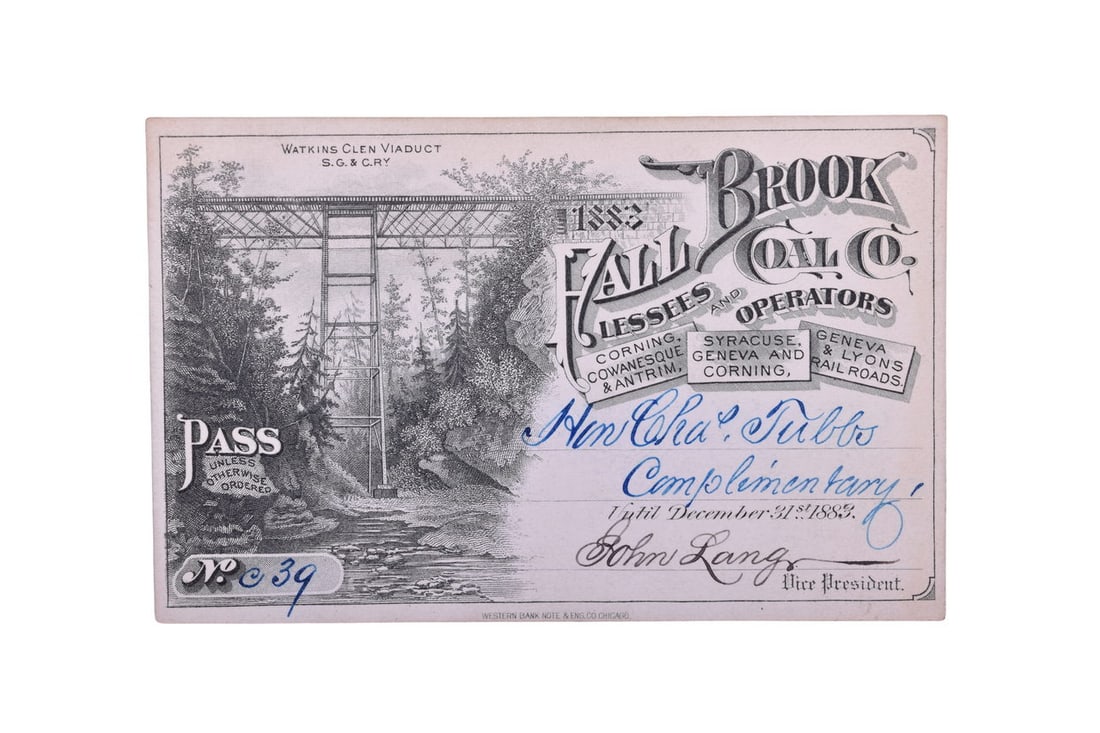 This is an 1883 complementary annual pass from the Fall Brook Coal Company, numbered C39, issued to