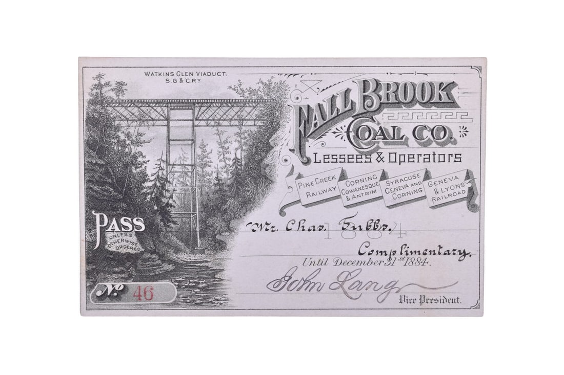 This is an 1884 complementary annual pass from the Fall Brook Coal Company, numbered 46, issued to