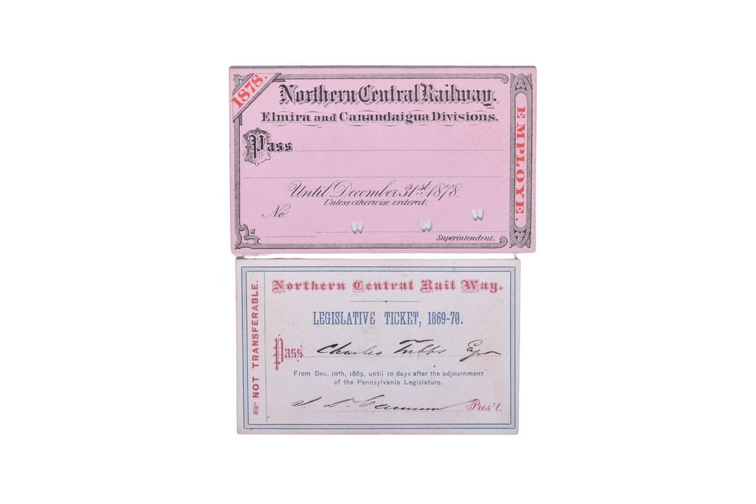 Includes a Legislative Ticket for the Northern Central Railway good from December 10th, 1869, until (1 of 2)