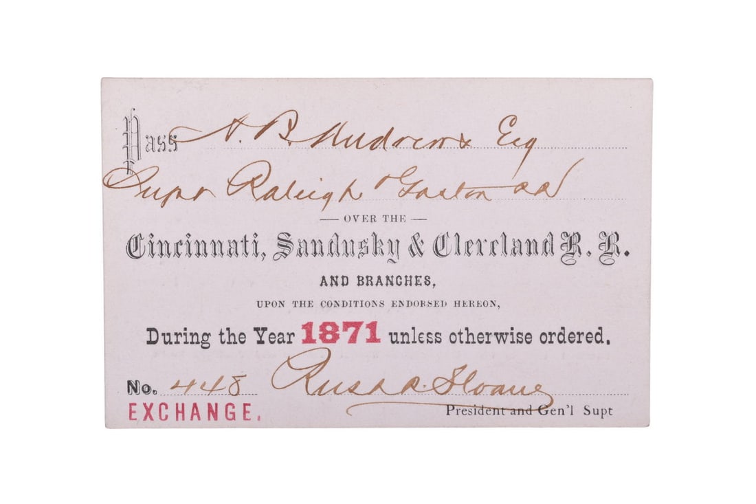 An 1871 annual pass for the Cincinnati, Sandusky, and Cleveland Railroad, numbered 448, issued to (1 of 2)