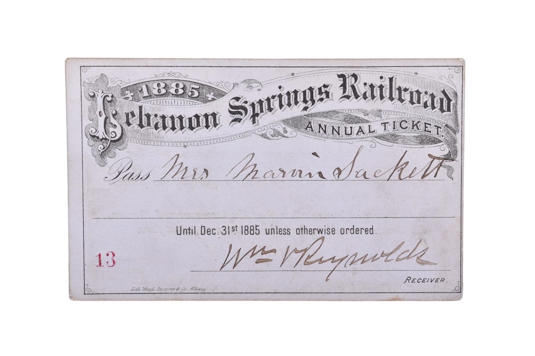 This is an 1885 annual ticket for the Lebanon Springs Railroad. This pass is stamped number 13,