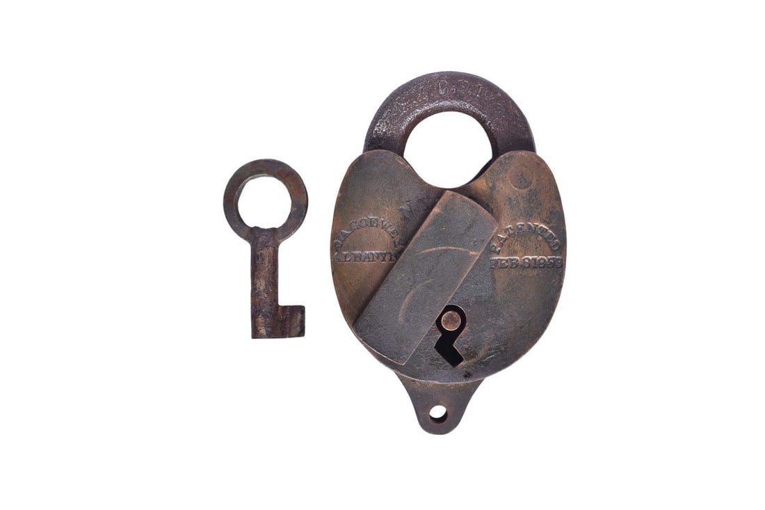 Brass heart shaped lock stamped with J. A. Goewey Albany NY Patented Feb. 8 1859 on the back and (1 of 3)