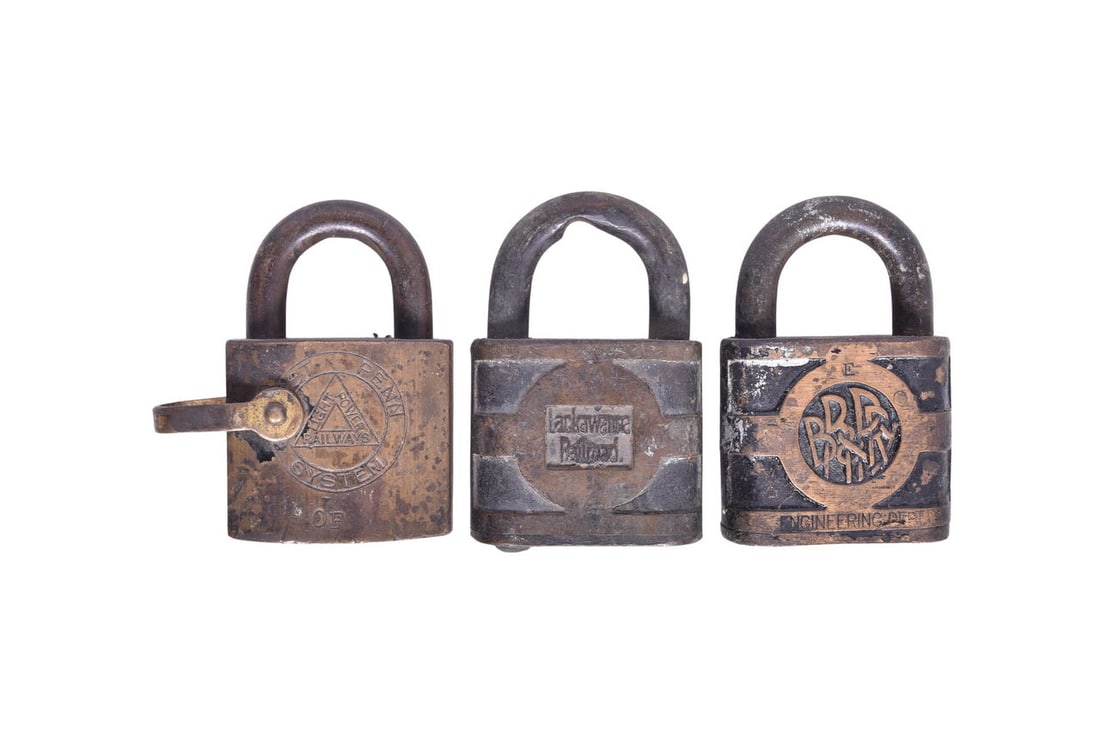 Three tumbler style brass locks: a Buffalo Rochester & Pittsburgh Railway Engineering Dept. (1 of 4)