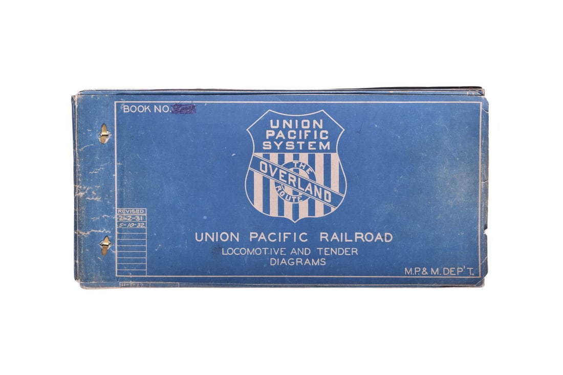 Original Union Pacific locomotive and tender diagrams book with a last revision date of 5-10-32.: Original Union Pacific locomotive and tender diagrams book with a last revision date of 5-10-32. Book shows minor corner and rear cover wear, but is in generally good condition. Some pen writing in th