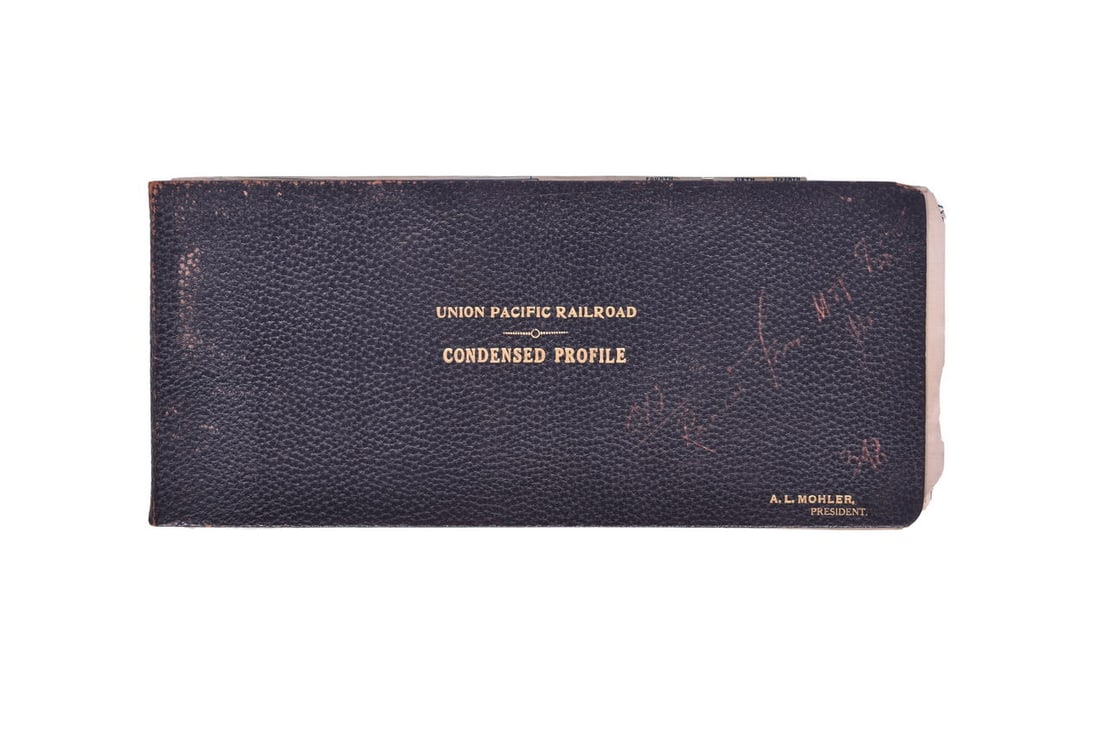 Hard bound book from 1916 showing Union Pacific railroad condensed track profile charts. The cover: Hard bound book from 1916 showing Union Pacific railroad condensed track profile charts. The cover is stamped in the lower left cover with A.L. Mohler President. Mohler ended his term as President of 