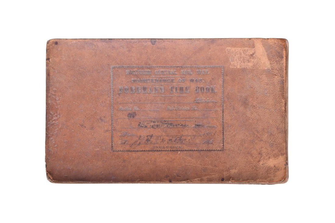 An 8 1/4" x 5 1/4" Foreman's Time Book for the Northern Central Railroad, issued to J.E. Matthews.: An 8 1/4" x 5 1/4" Foreman's Time Book for the Northern Central Railroad, issued to J.E. Matthews. Outside cover has a date of sometime in the 1860's, but the paper sheets start at 1889 written in pen