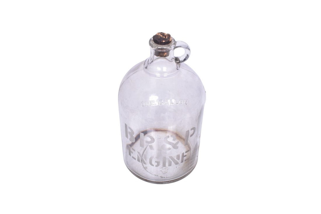 11 5/8" tall by 6 3/8" diameter glass one gallon jug etched with BR&P ENGINE. Cork is present. (1 of 4)