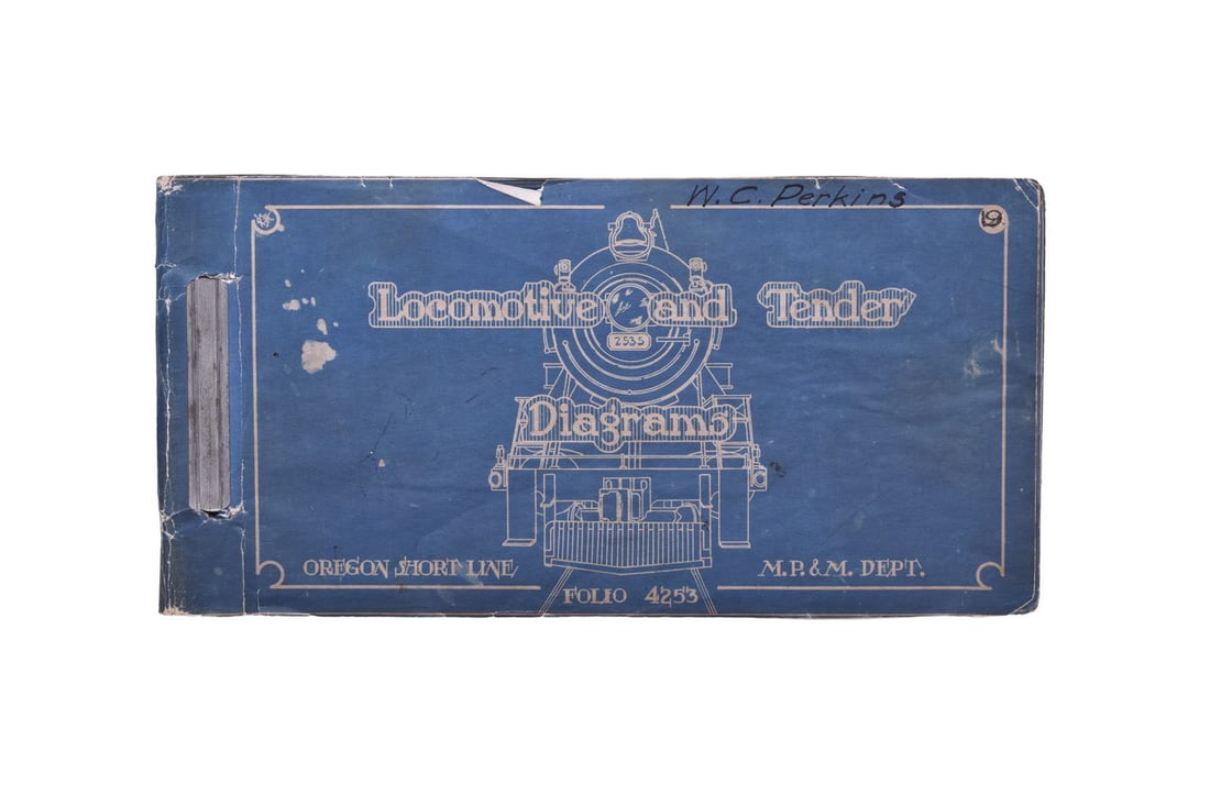 Union Pacific Railroad Oregon Short Line Locomotive and Tender Diagram Book dated 1931. Measures 10: Union Pacific Railroad Oregon Short Line Locomotive and Tender Diagram Book dated 1931. Measures 10 3/8" by 5 1/4" and contains 87 pages. The cover has the name W.C. Perkins written in ink and shows g