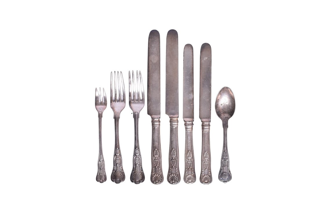 Group of Pennsylvania Railroad dining car silver flatware in the Kings pattern, all stamped P.R.R. (1 of 3)