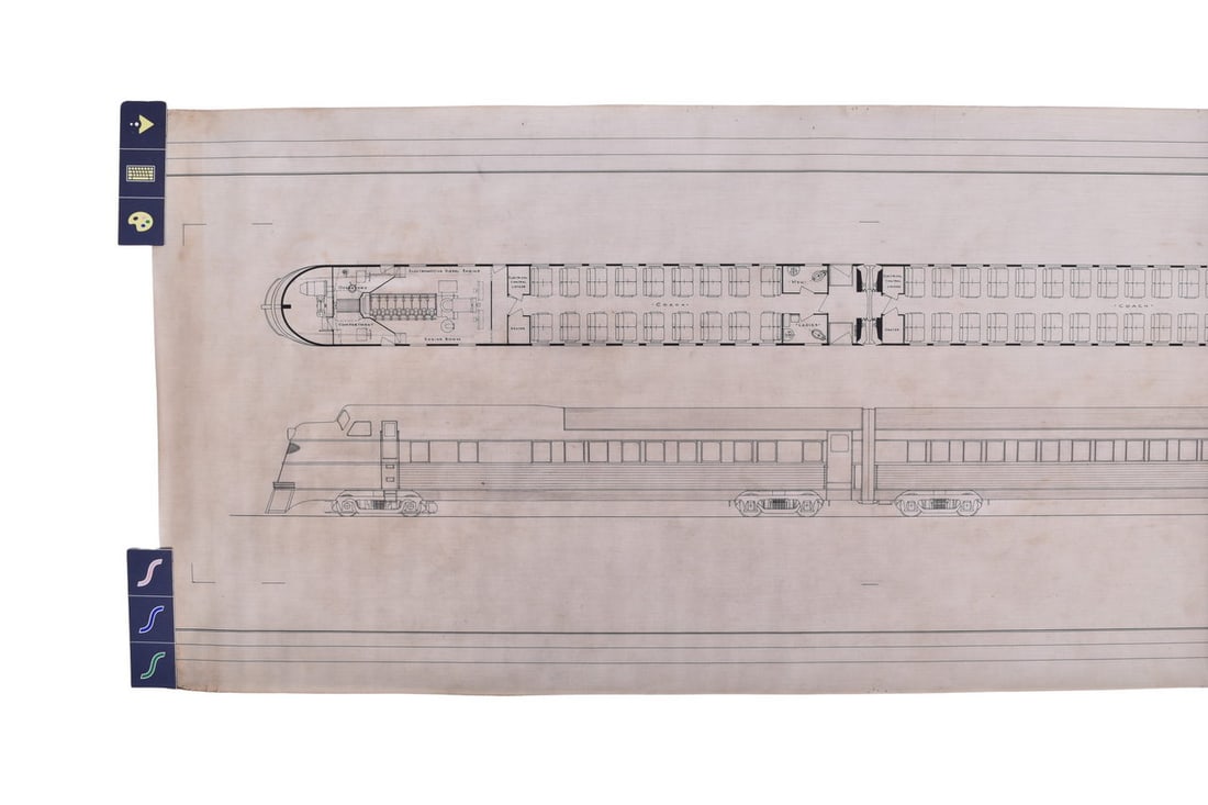 An original proposal pen and pencil drawing on vellum created by the Budd Company for Baltimore and: An original proposal pen and pencil drawing on vellum created by the Budd Company for Baltimore and Ohio Railroad for a 4 car double end high speed train. This drawing includes electromotive diesel en