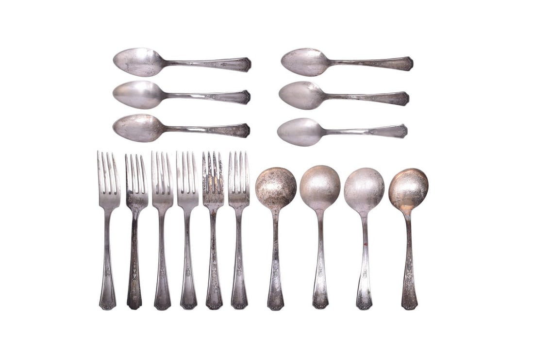 Group of Pennsylvania Railroad dining car silver flatware. Includes four 6 3/4" bullion spoons, five (1 of 3)