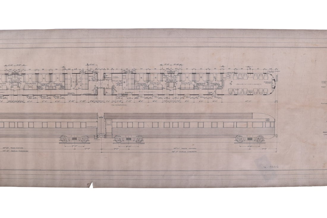An original proposal pen and pencil drawing on vellum created by the Budd Company for Atchison, (1 of 4)