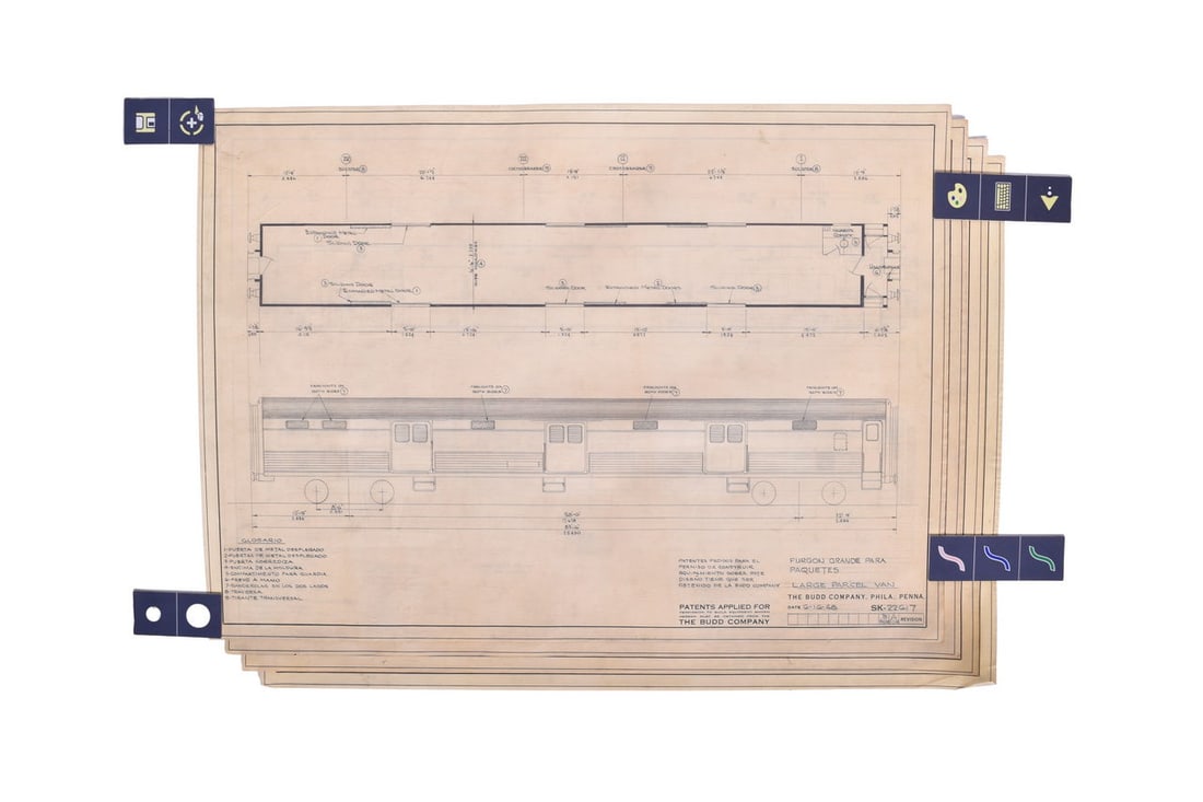 Four original proposal pen and pencil drawings on vellum created by the Budd Company with notes in (1 of 5)