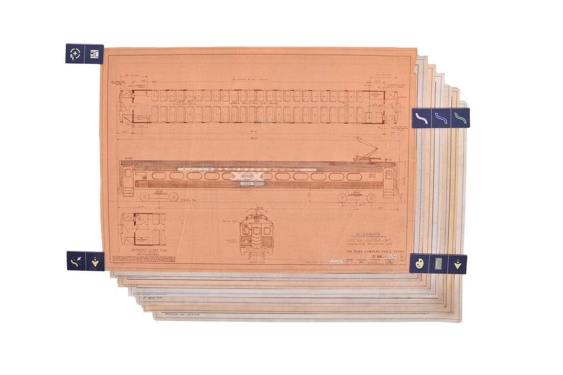 Seven original proposal pen and pencil drawings on vellum created by the Budd Company for interurban (1 of 5)